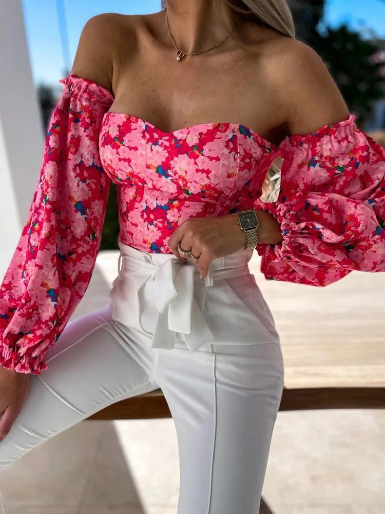 New Tops Women Elegant Slash Neck Casual Printed Sexy Ladies Blouse Long Sleeve Spring Autumn Sweet Streetwear Dropshipping - SN Wigs & More