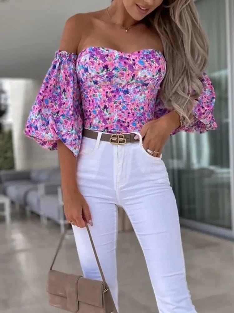 New Tops Women Elegant Slash Neck Casual Printed Sexy Ladies Blouse Long Sleeve Spring Autumn Sweet Streetwear Dropshipping - SN Wigs & More