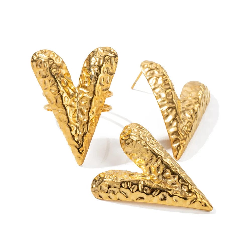 New Trendy PVD Gold Plated Heart Stud Earring & Ring Set Stainless Steel Jewelry Tarnish Free