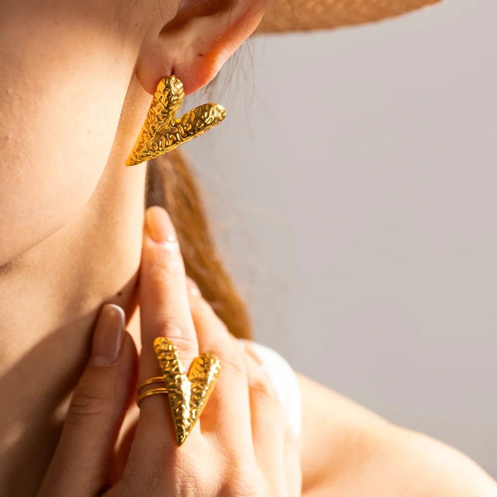 New Trendy PVD Gold Plated Heart Stud Earring & Ring Set Stainless Steel Jewelry Tarnish Free