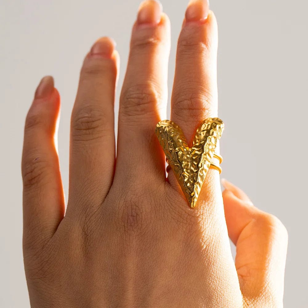 New Trendy PVD Gold Plated Heart Stud Earring & Ring Set Stainless Steel Jewelry Tarnish Free