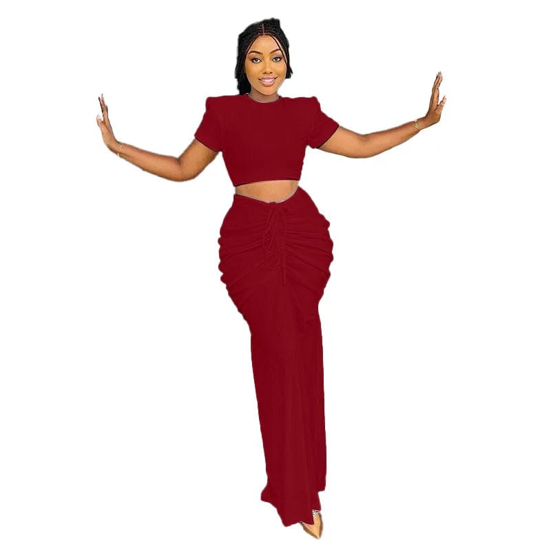 New Two Piece Tight Skirt Set 2024 Simple Women Short Sleeve Pleated Midriff Outfit Party Dress