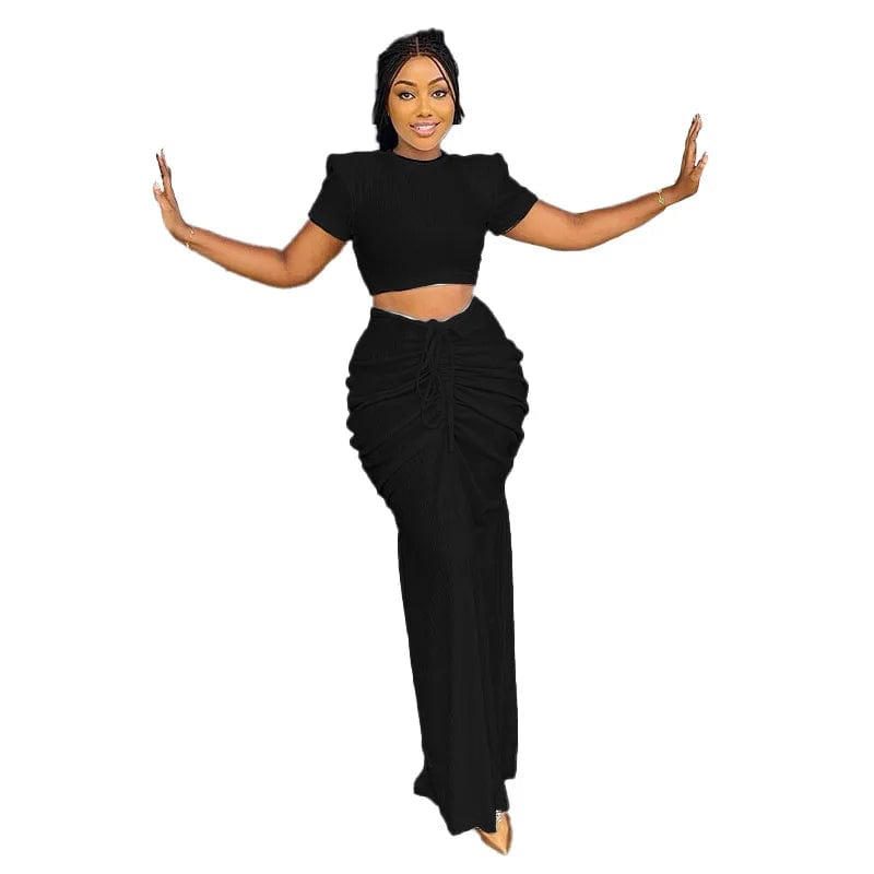 New Two Piece Tight Skirt Set 2024 Simple Women Short Sleeve Pleated Midriff Outfit Party Dress