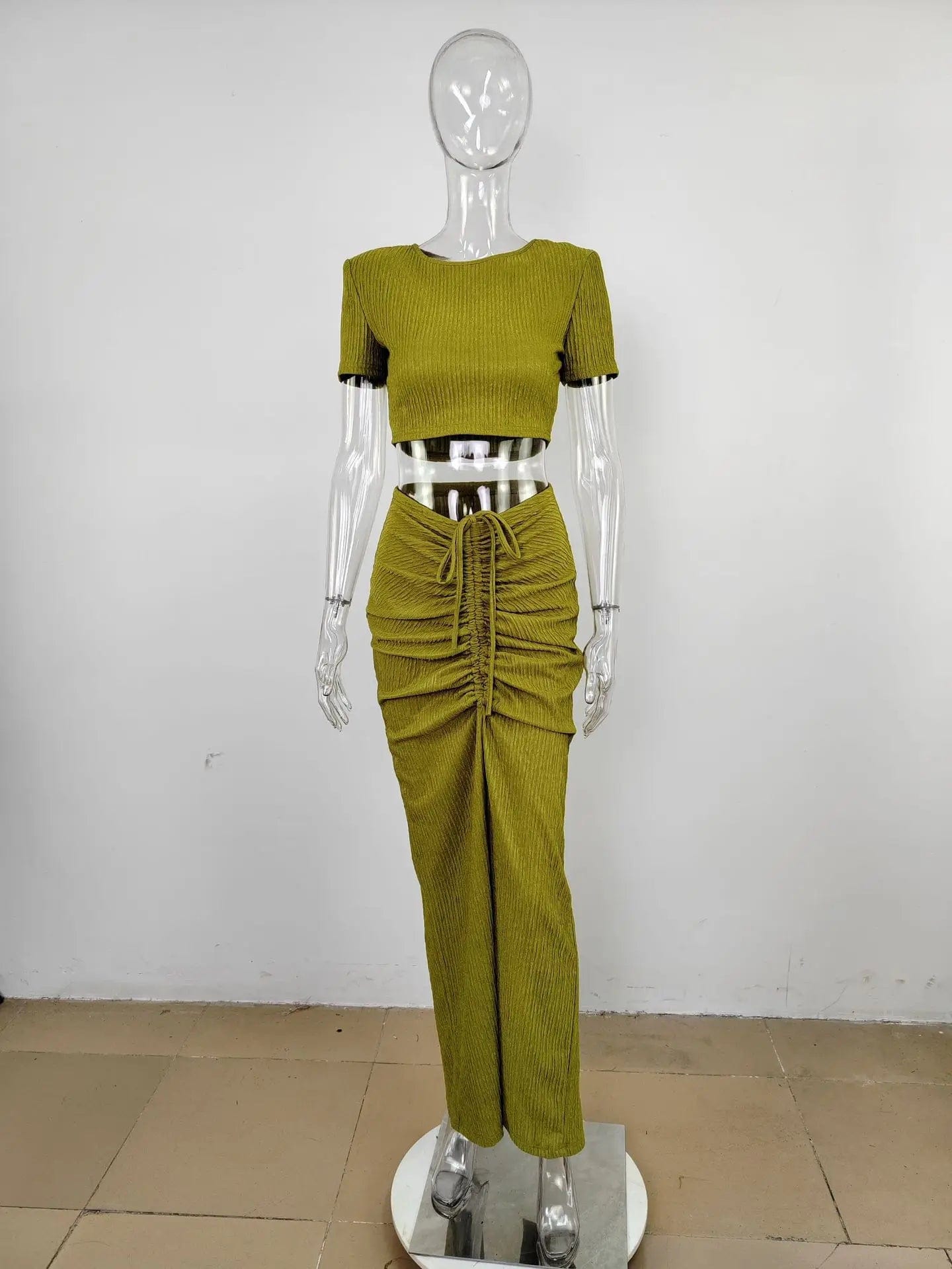 New Two Piece Tight Skirt Set 2024 Simple Women Short Sleeve Pleated Midriff Outfit Party Dress