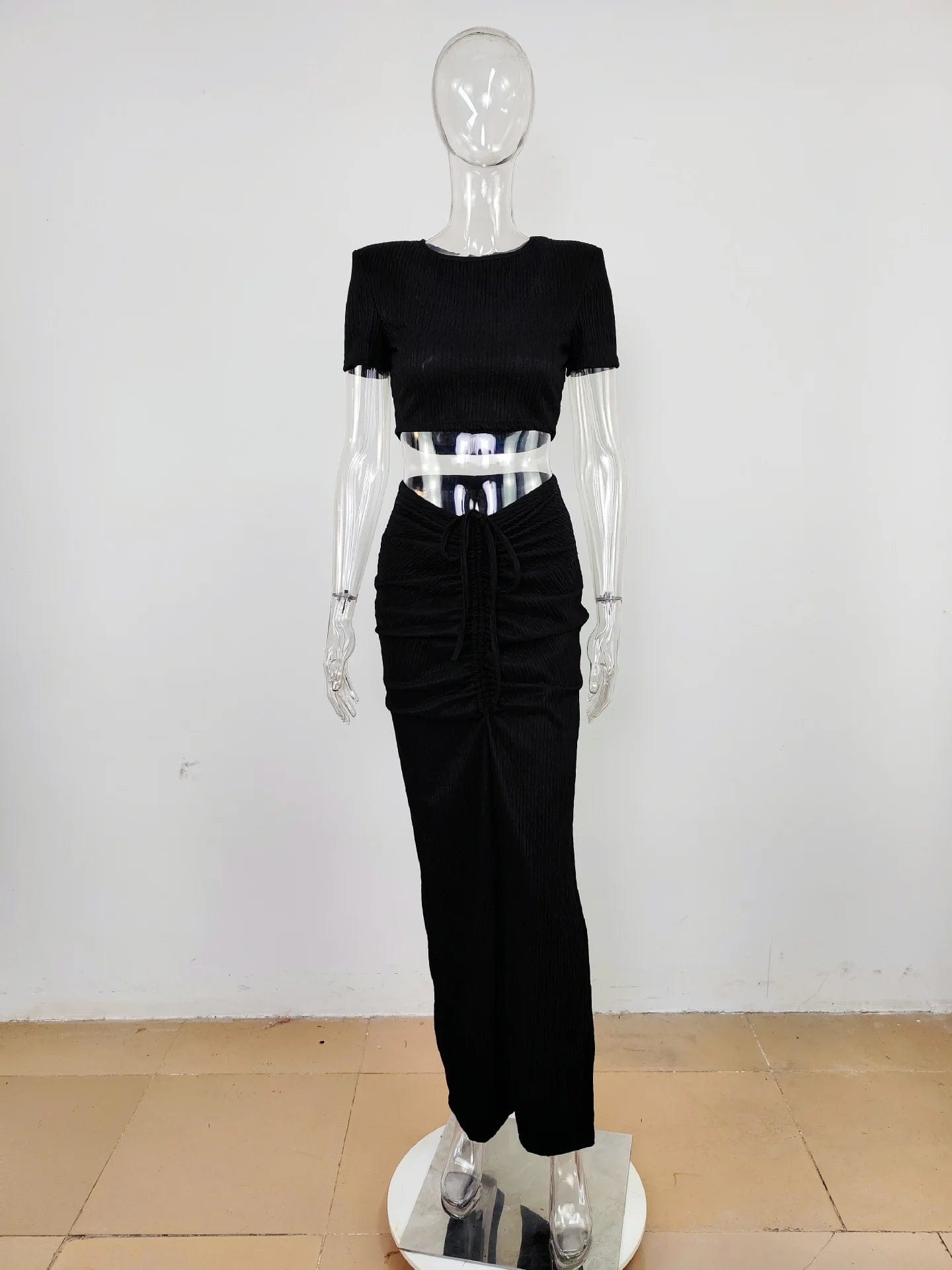 New Two Piece Tight Skirt Set 2024 Simple Women Short Sleeve Pleated Midriff Outfit Party Dress