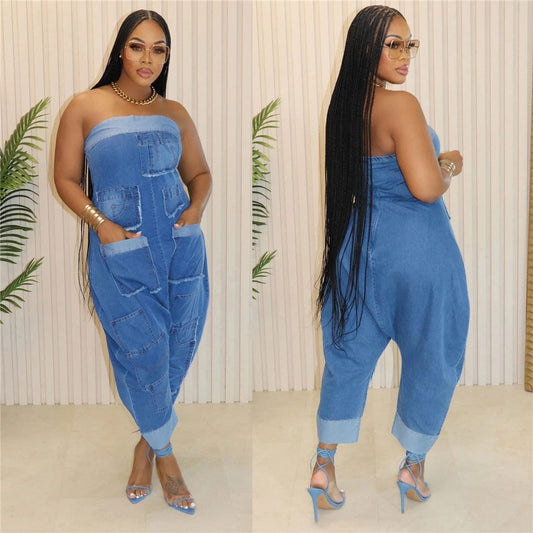 New Unique Fashion Casual Sexy Summer Jumpsuit Sleeveless One Piece Pocket Denim Jeans Jumpsuit Woman Lady Jumpsuit For Women