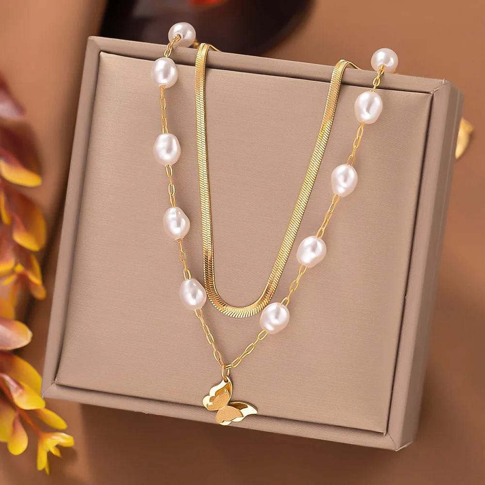 NEW Vintage Gold Cuban Chain Multilayer Overlay Stainless Steel Necklace Butterfly Coin Pendant Pearl Tassel For Women Necklace