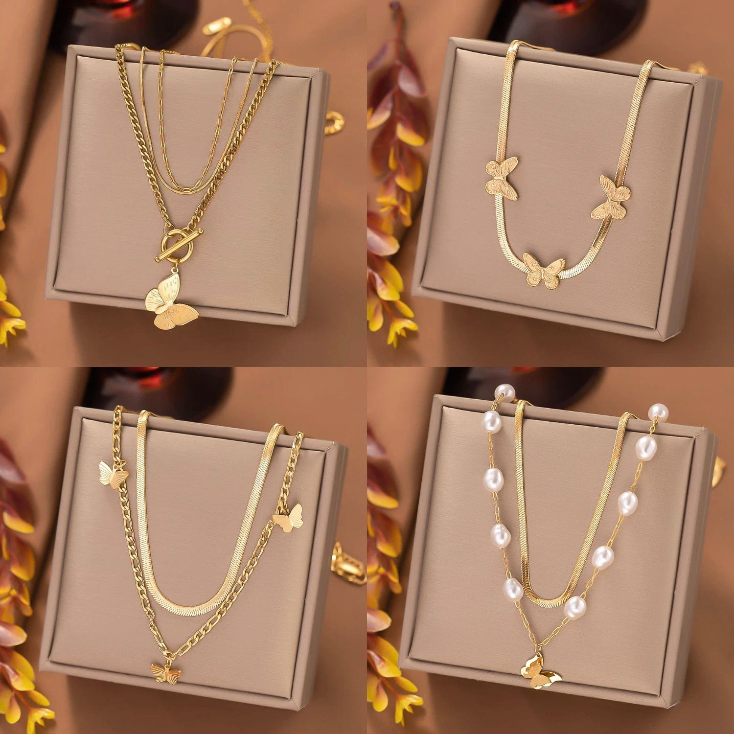 NEW Vintage Gold Cuban Chain Multilayer Overlay Stainless Steel Necklace Butterfly Coin Pendant Pearl Tassel For Women Necklace