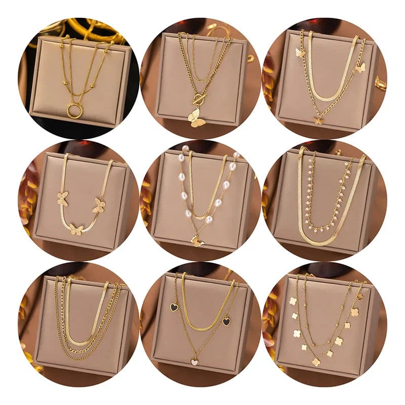 NEW Vintage Gold Cuban Chain Multilayer Overlay Stainless Steel Necklace Butterfly Coin Pendant Pearl Tassel For Women Necklace
