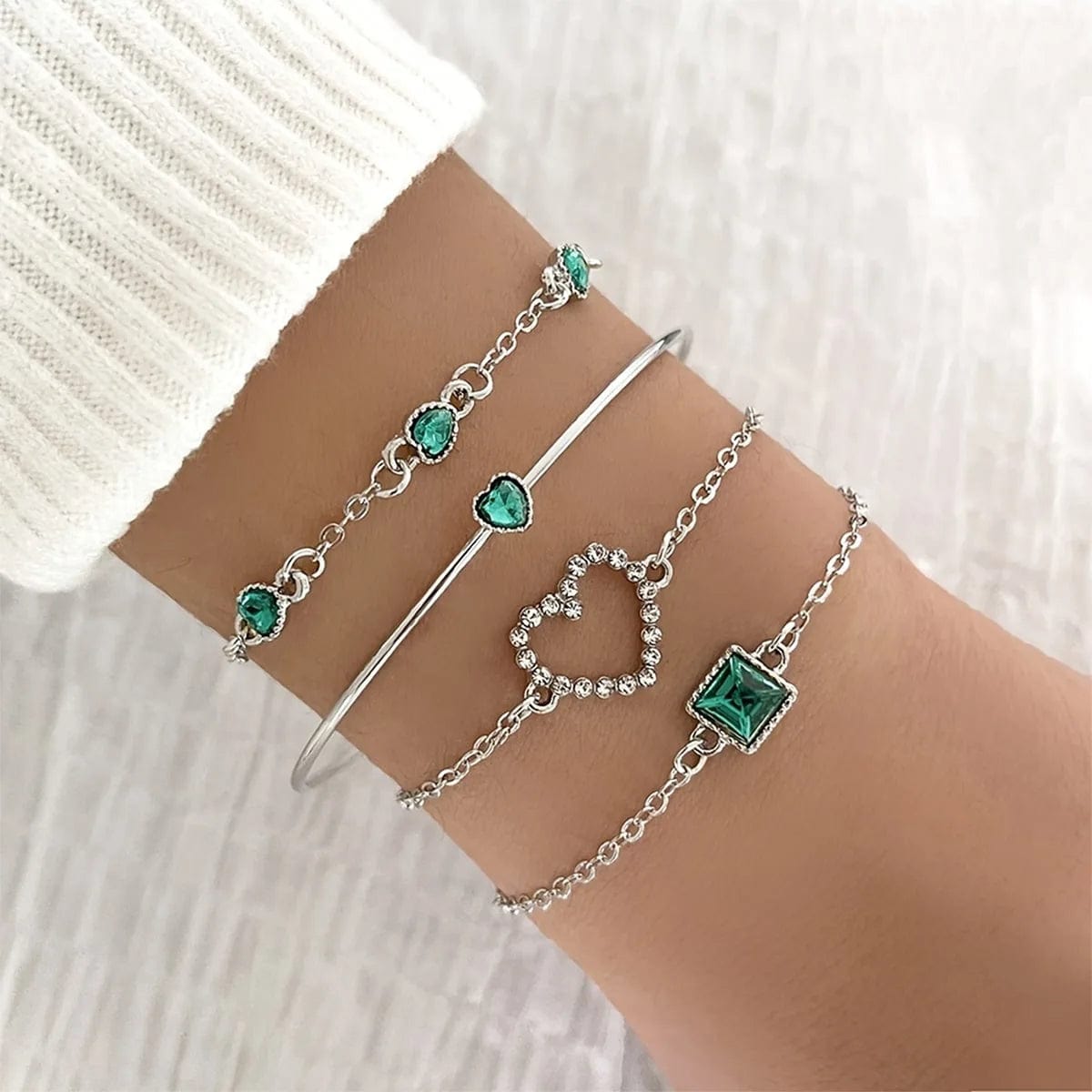 New Vintage Green Diamond Bracelet Simplicity Heart Design Chain Bracelet 4-Piece Set Stylish Link Chain Bracelet