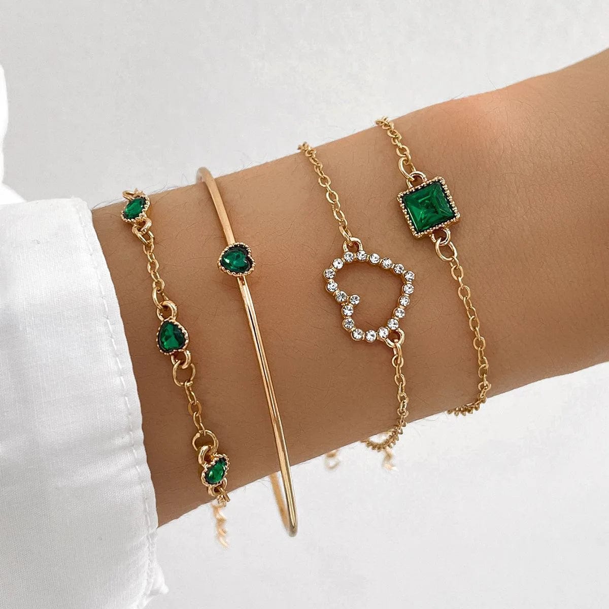 New Vintage Green Diamond Bracelet Simplicity Heart Design Chain Bracelet 4-Piece Set Stylish Link Chain Bracelet