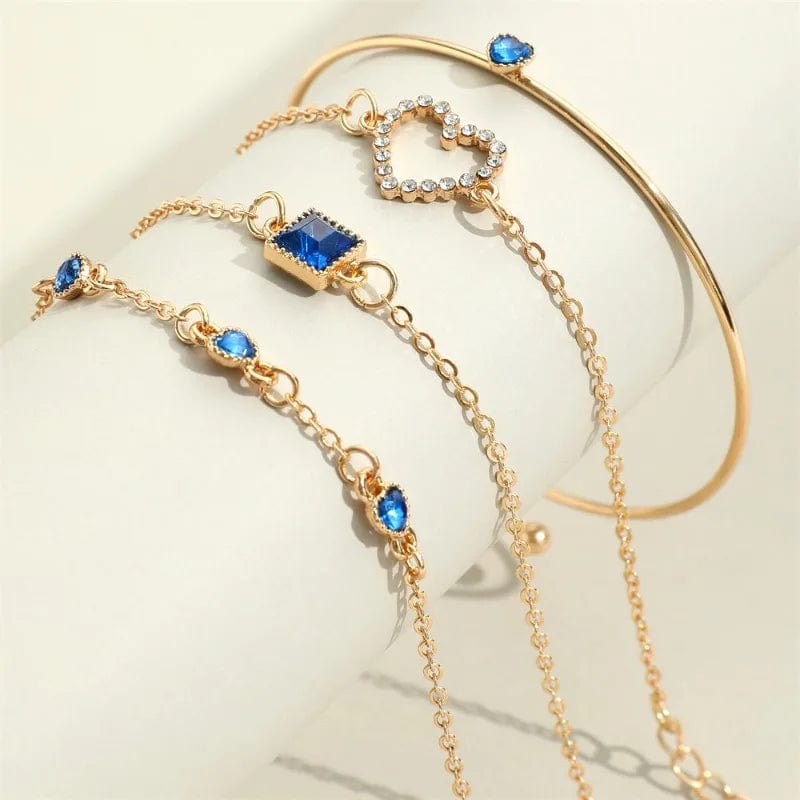 New Vintage Green Diamond Bracelet Simplicity Heart Design Chain Bracelet 4-Piece Set Stylish Link Chain Bracelet