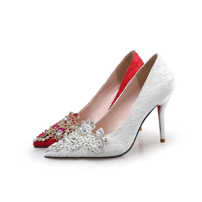 New Wedding Dress Mujer Shallow Sandals Point Toe Lace Women Crystal Bridal High Heels Stilettos
