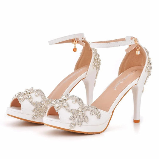 New Wedding Ladies High-heeled Stilettos Fish Mouth Rhinestone Women Large Size Shoes Sandals Platform Wedding Shoes