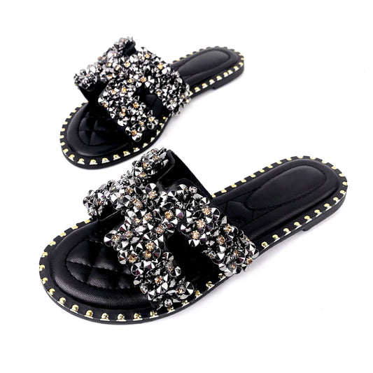 new wholesale Design Summer square head leather European and American Open Toe Flat Shoes Black womens slippers sandals