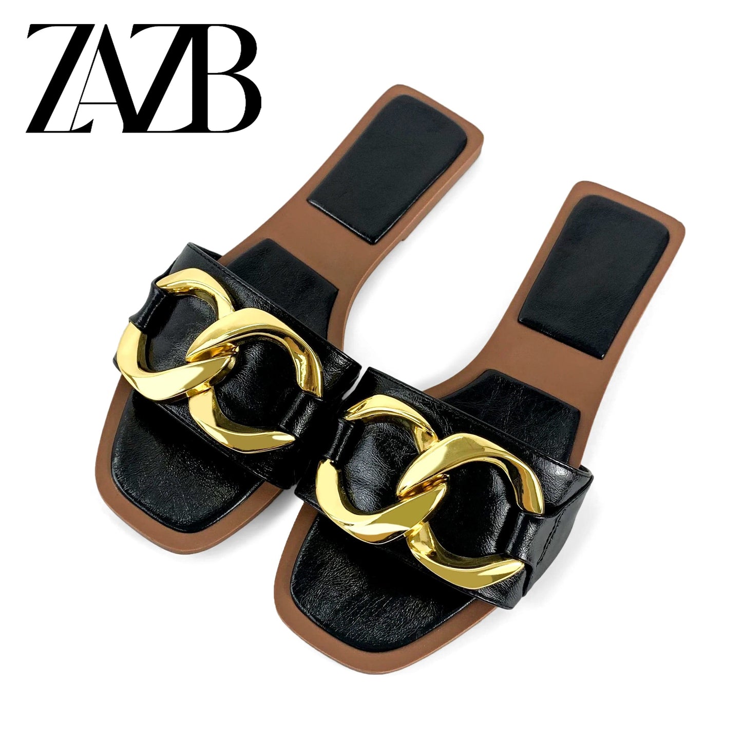 new wholesale design womens shoes summer metal chain beach slippers European and American flat bottomed open toe sandals