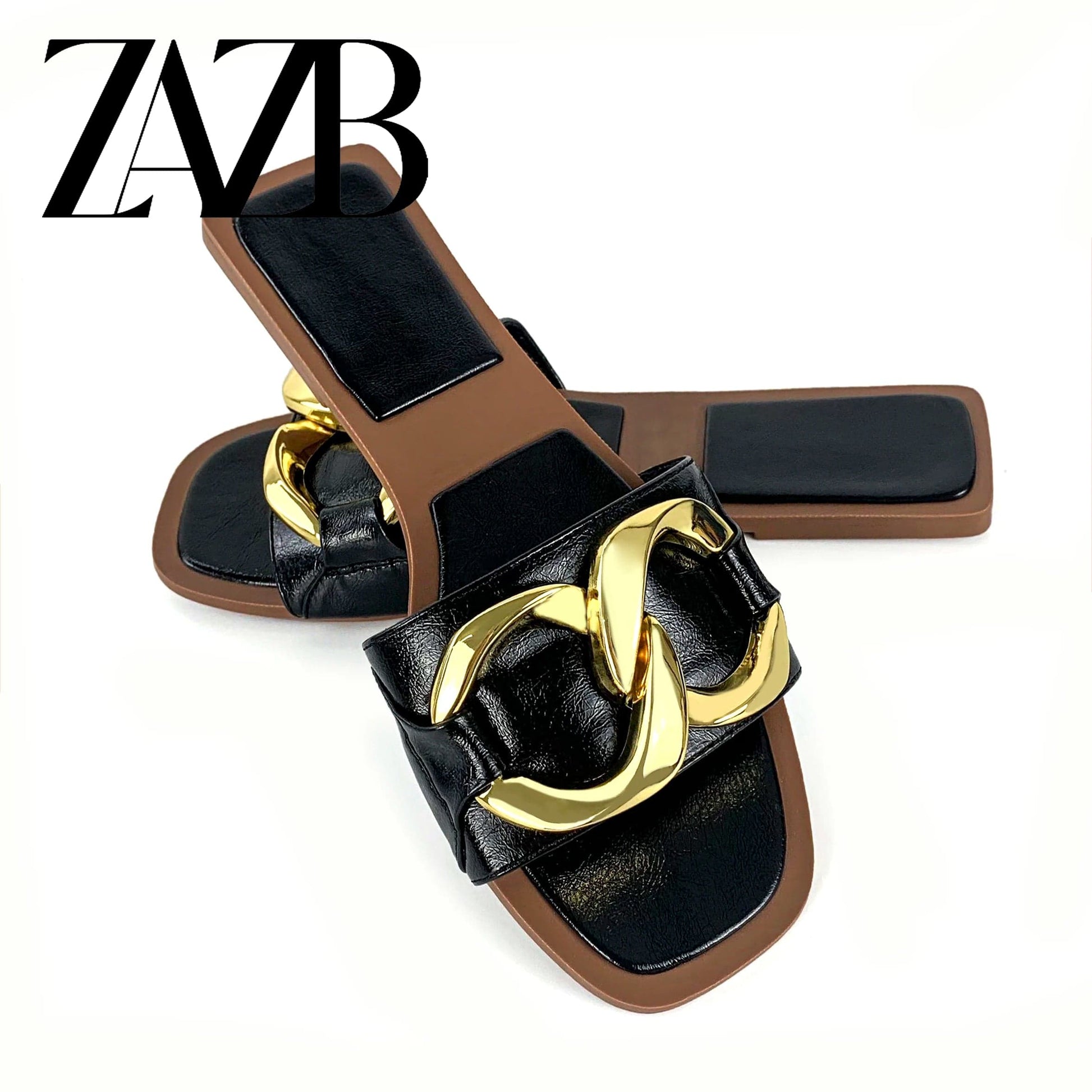 new wholesale design womens shoes summer metal chain beach slippers European and American flat bottomed open toe sandals