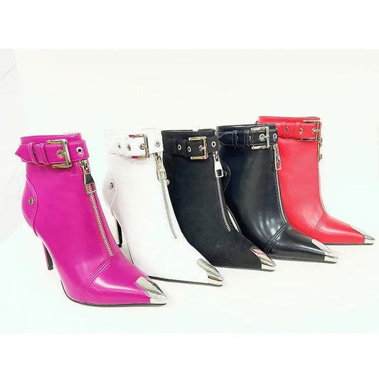 New Winter Autumn Black Stiletto Boot Leather Pointed Toe Ladies Boots High Heels Middle Cylinder Booties Women PU ZIP Rubber