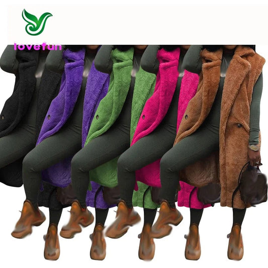 New Winter Ladies Thicken Plush Coat Solid Lapel Sleeveless Cardigan Fashion Long Cardigan Coat For Women
