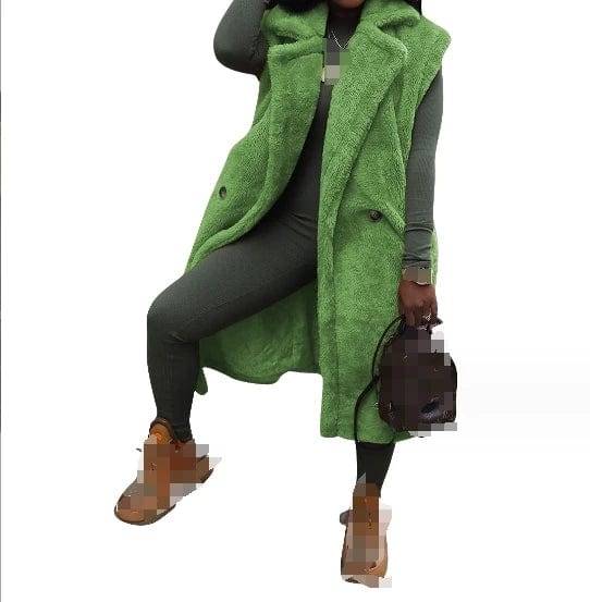 New Winter Ladies Thicken Plush Coat Solid Lapel Sleeveless Cardigan Fashion Long Cardigan Coat For Women