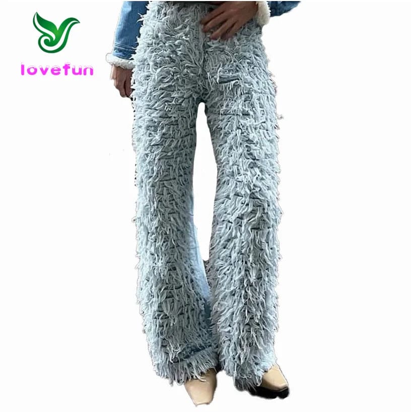 New Winter Trendy Vintage Faux Fur Pants Fashion Casual Flare Pants High Street Button Woolen Pants