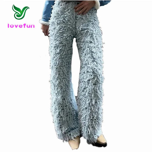 New Winter Trendy Vintage Faux Fur Pants Fashion Casual Flare Pants High Street Button Woolen Pants
