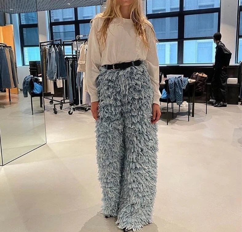 New Winter Trendy Vintage Faux Fur Pants Fashion Casual Flare Pants High Street Button Woolen Pants