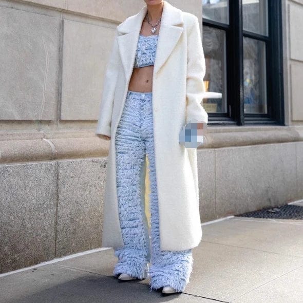 New Winter Trendy Vintage Faux Fur Pants Fashion Casual Flare Pants High Street Button Woolen Pants