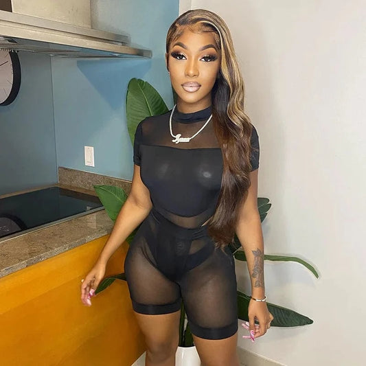 New Women 2 Piece Set Black Color Mesh See-Through Sexy Night Club Spring 2022 Shorts for Women Sets