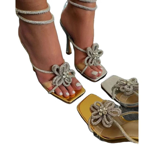 New women bow  rhinestone flower lace square head super high heels trendy women's heel sandals