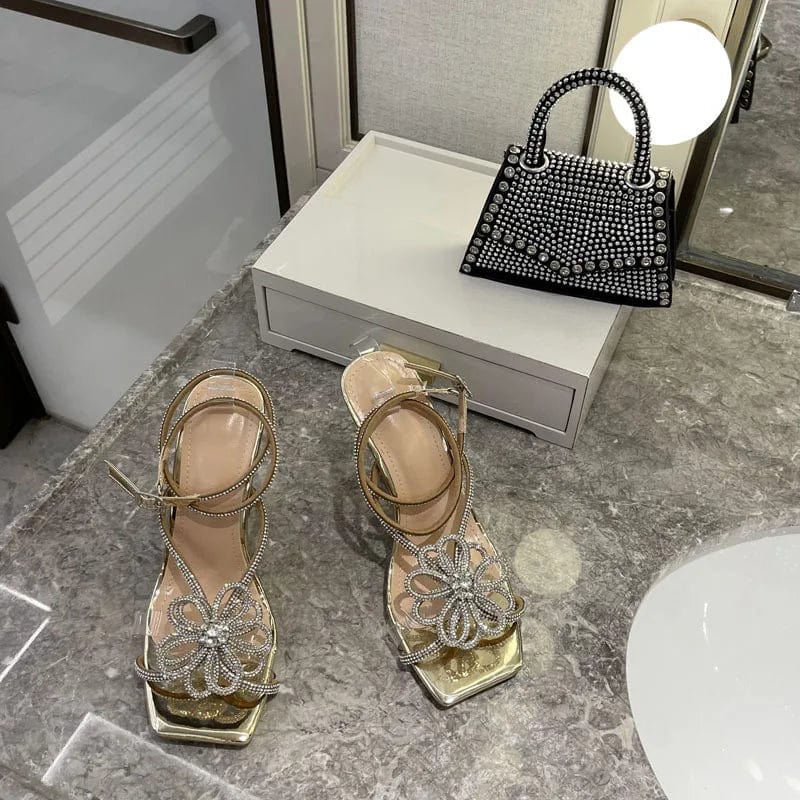 New women bow  rhinestone flower lace square head super high heels trendy women's heel sandals