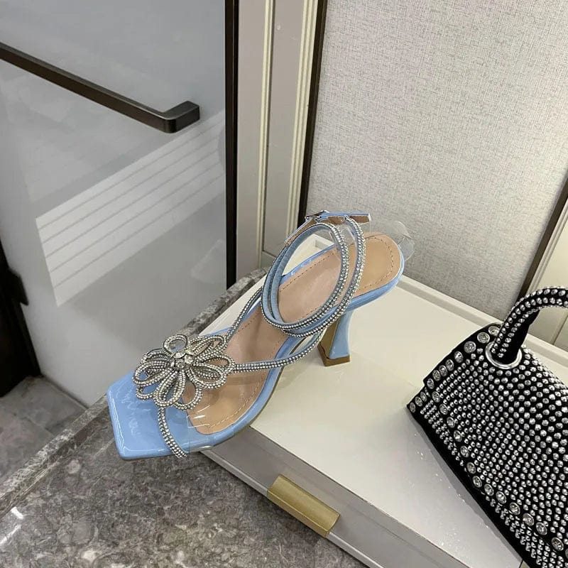 New women bow  rhinestone flower lace square head super high heels trendy women's heel sandals