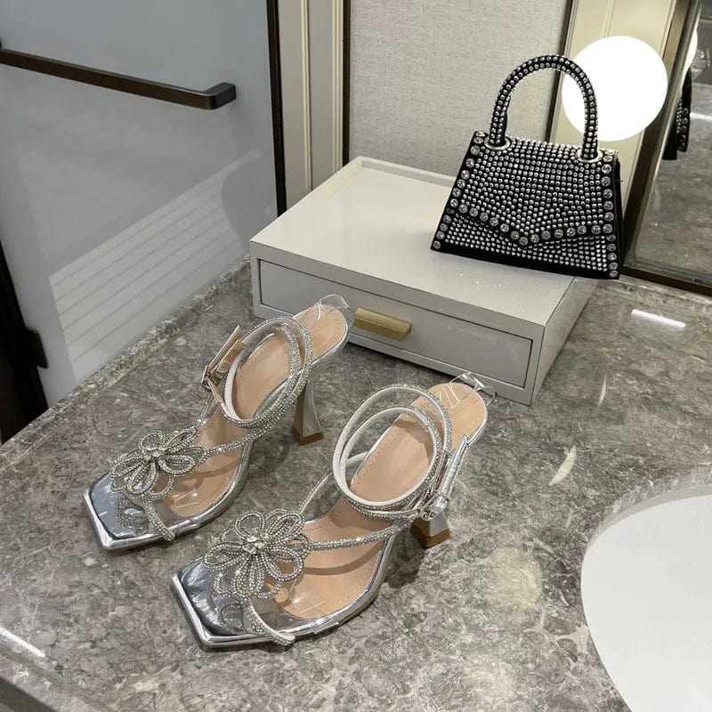 New women bow  rhinestone flower lace square head super high heels trendy women's heel sandals