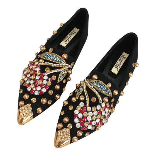 New Women Flat Shoes Rivet Cherry Shoes Rhinestone Ladies Slippers Designs Pointed Celebrity Flat Shoes Ladies Slippers
