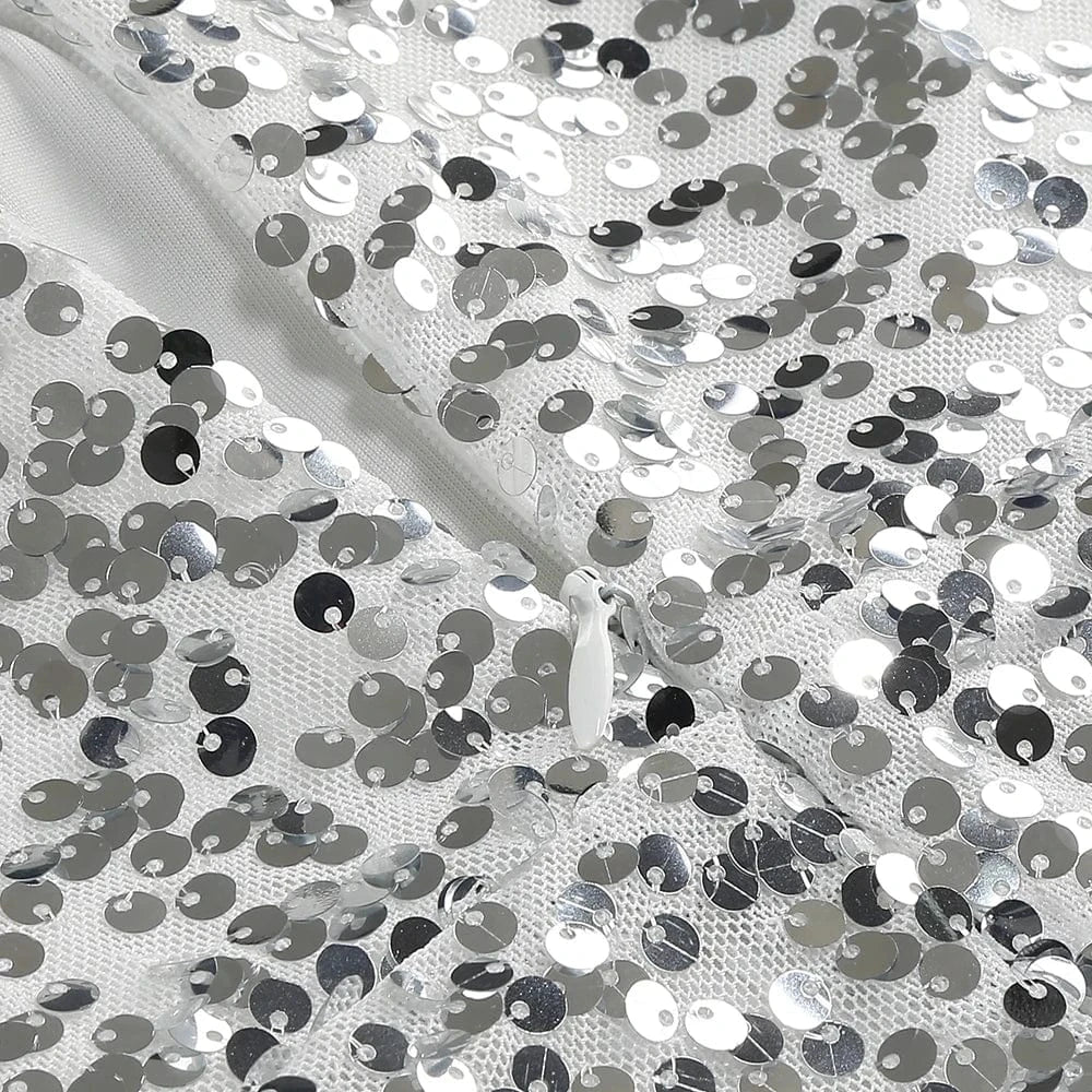 New Women Heavy Textured Evening Party Dress Luxury Socialite Style Silver Sparkle Sequin V-Neck Sexy Slim-Fit Halter Mini Dress