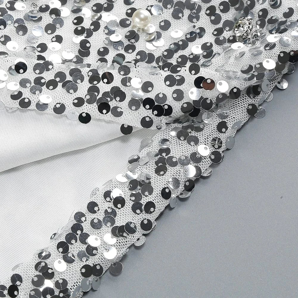 New Women Heavy Textured Evening Party Dress Luxury Socialite Style Silver Sparkle Sequin V-Neck Sexy Slim-Fit Halter Mini Dress