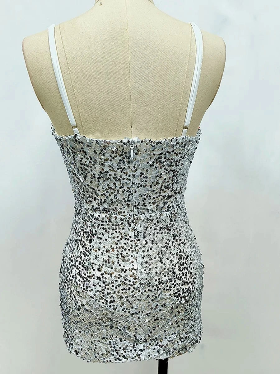 New Women Heavy Textured Evening Party Dress Luxury Socialite Style Silver Sparkle Sequin V-Neck Sexy Slim-Fit Halter Mini Dress