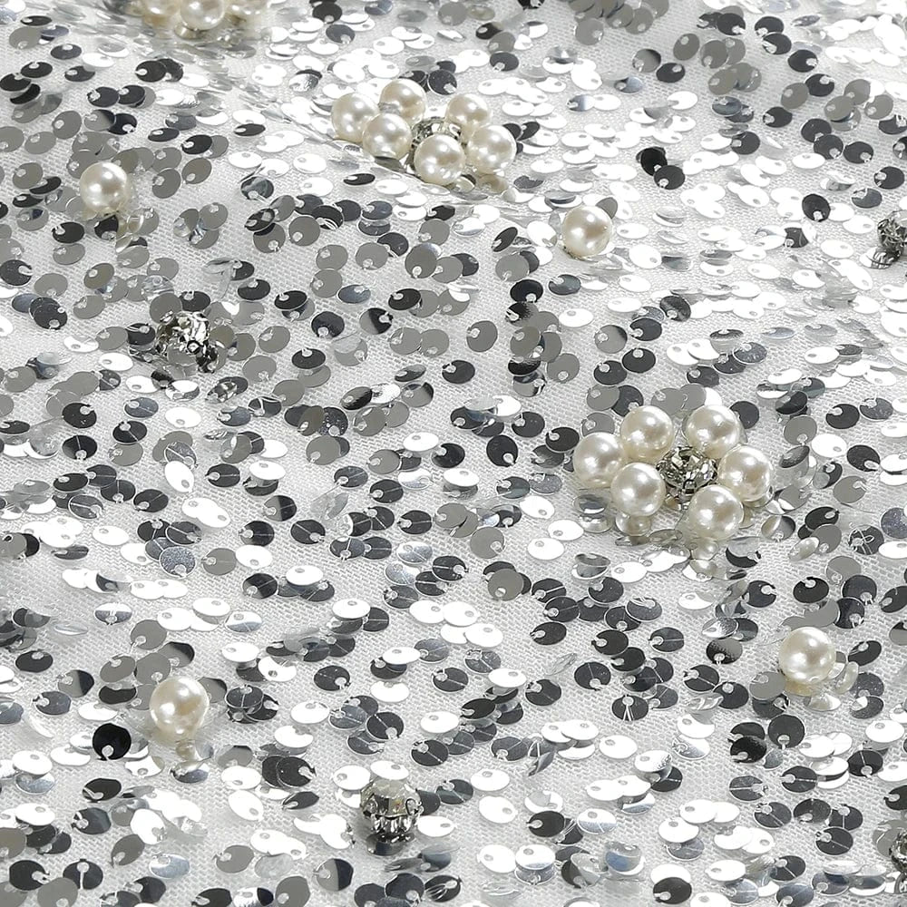 New Women Heavy Textured Evening Party Dress Luxury Socialite Style Silver Sparkle Sequin V-Neck Sexy Slim-Fit Halter Mini Dress