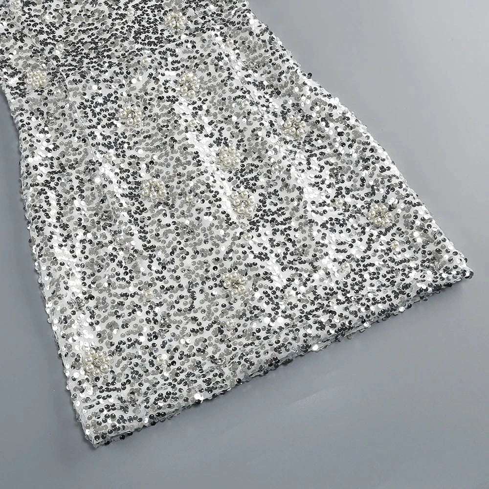 New Women Heavy Textured Evening Party Dress Luxury Socialite Style Silver Sparkle Sequin V-Neck Sexy Slim-Fit Halter Mini Dress