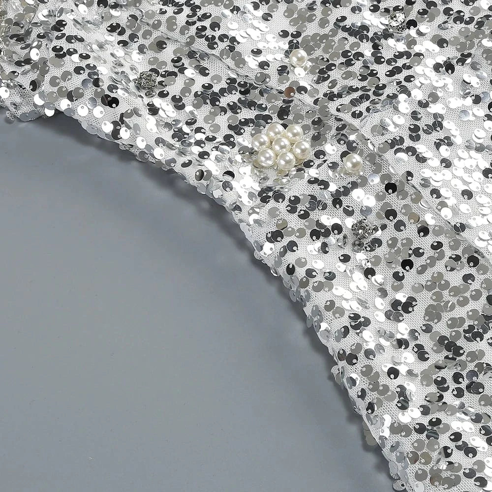 New Women Heavy Textured Evening Party Dress Luxury Socialite Style Silver Sparkle Sequin V-Neck Sexy Slim-Fit Halter Mini Dress