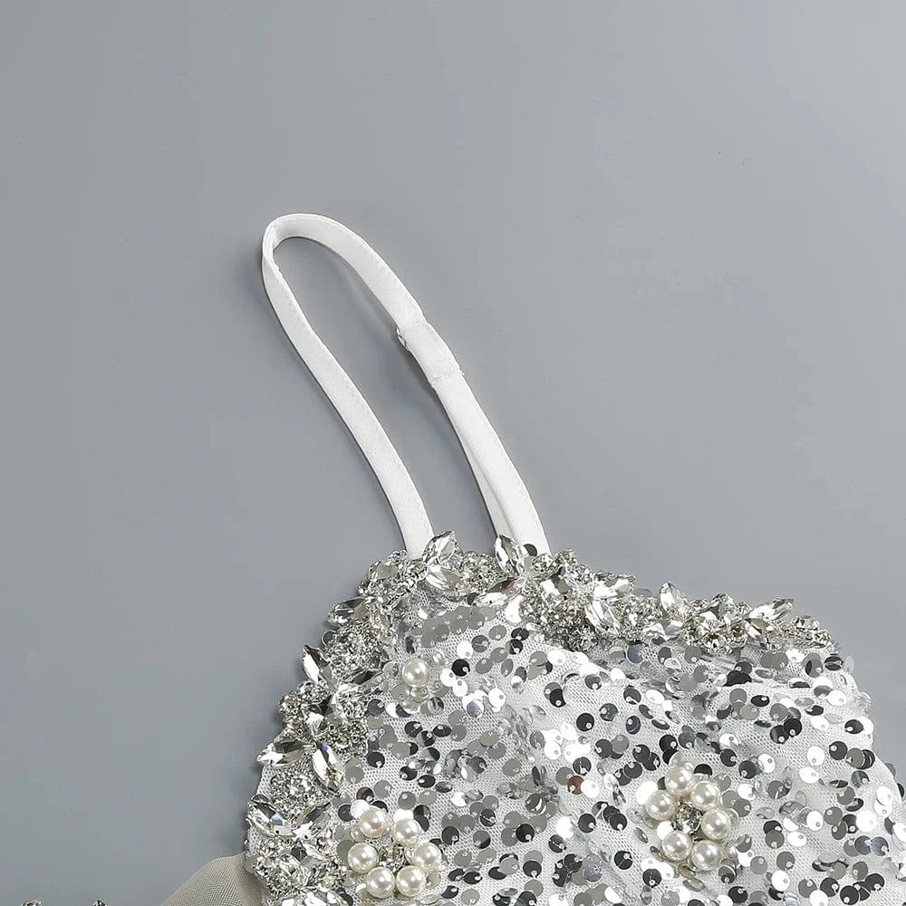 New Women Heavy Textured Evening Party Dress Luxury Socialite Style Silver Sparkle Sequin V-Neck Sexy Slim-Fit Halter Mini Dress