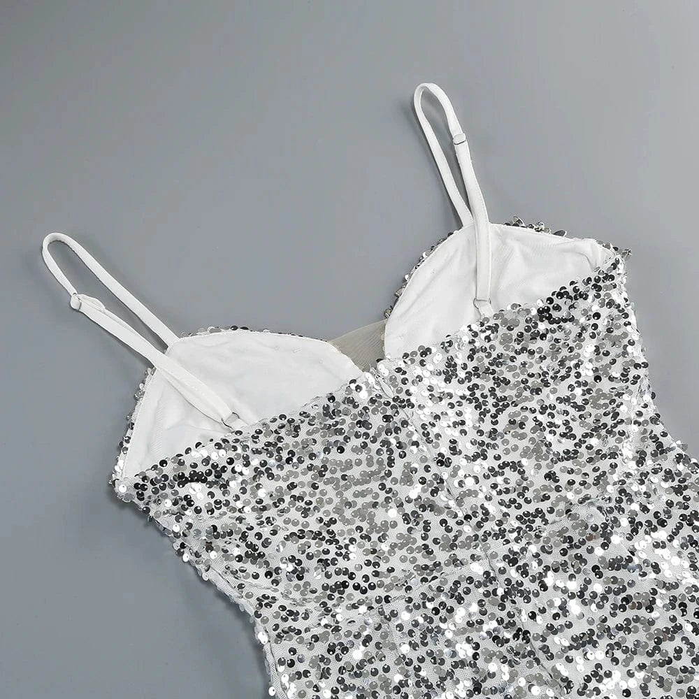 New Women Heavy Textured Evening Party Dress Luxury Socialite Style Silver Sparkle Sequin V-Neck Sexy Slim-Fit Halter Mini Dress