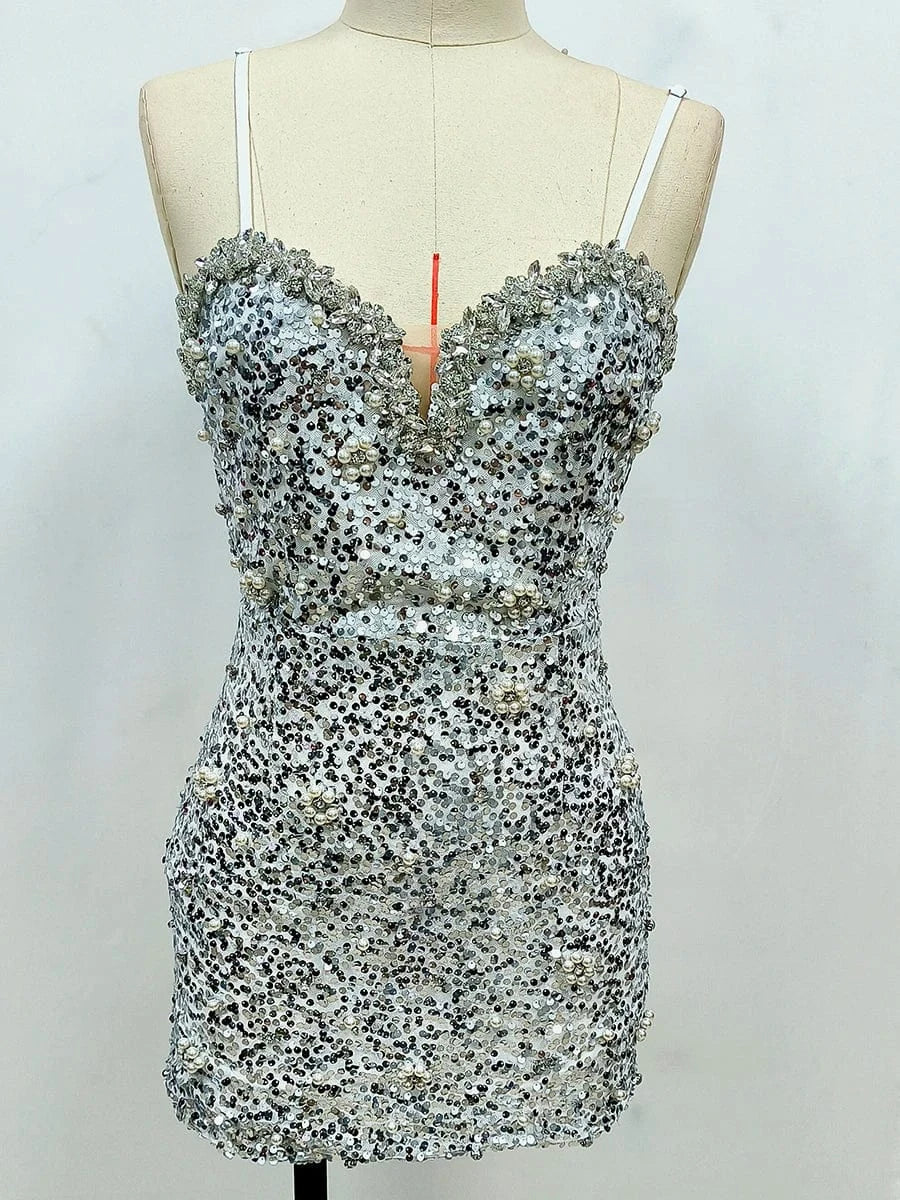 New Women Heavy Textured Evening Party Dress Luxury Socialite Style Silver Sparkle Sequin V-Neck Sexy Slim-Fit Halter Mini Dress