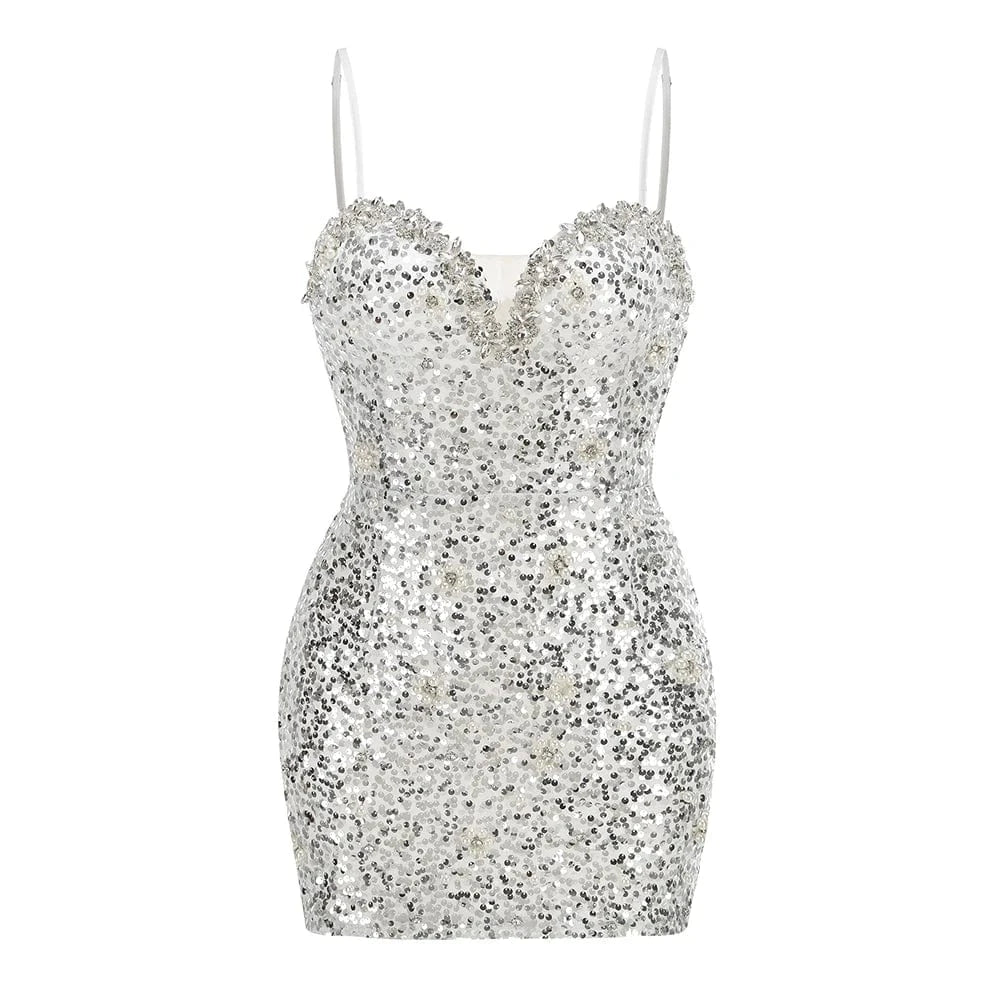 New Women Heavy Textured Evening Party Dress Luxury Socialite Style Silver Sparkle Sequin V-Neck Sexy Slim-Fit Halter Mini Dress
