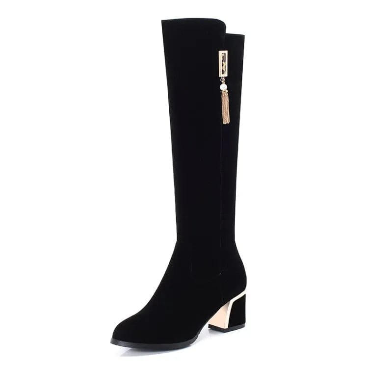 New women's boots in autumn and winter: round head thick heel high tube boots no more than knee black boots