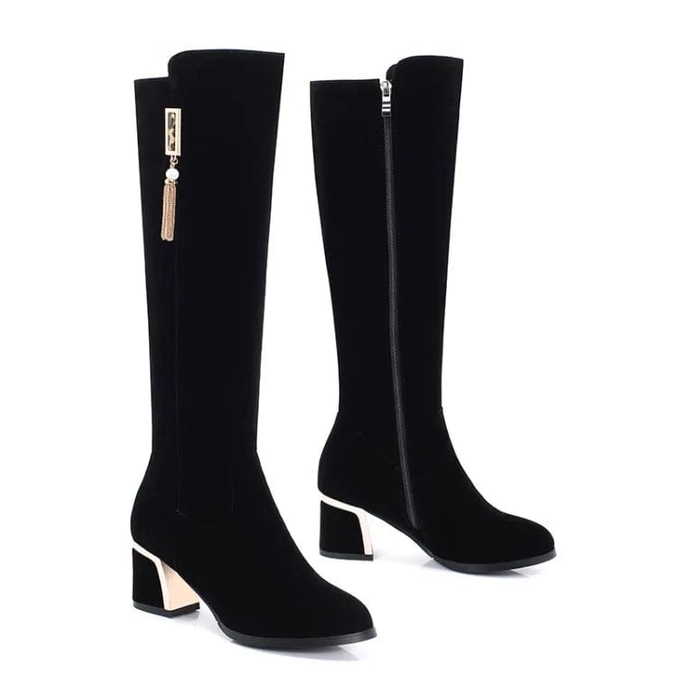 New women's boots in autumn and winter: round head thick heel high tube boots no more than knee black boots