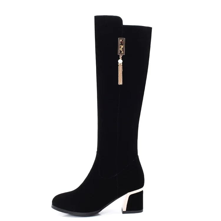 New women's boots in autumn and winter: round head thick heel high tube boots no more than knee black boots