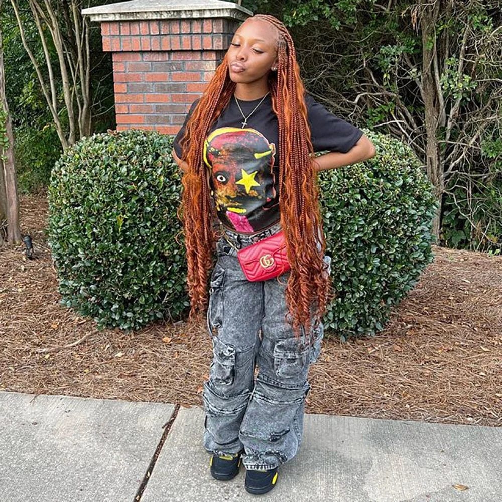 New Women's Loose Hip Hop High-waisted Multi-pocket Washed Casual Cargo Jean Pants