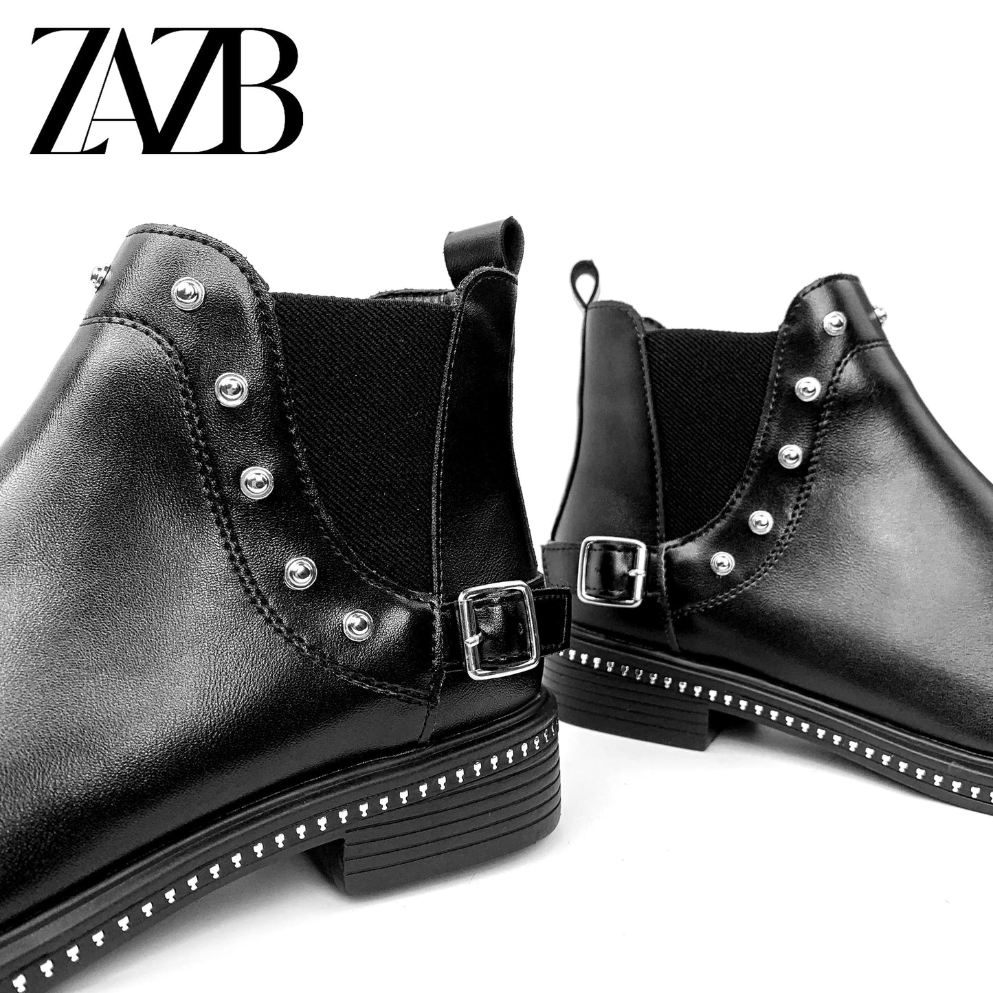 New women's shoes black rivet groove shoes flat bottomed boots Vintage thick heel Martin boots Chelsea boots