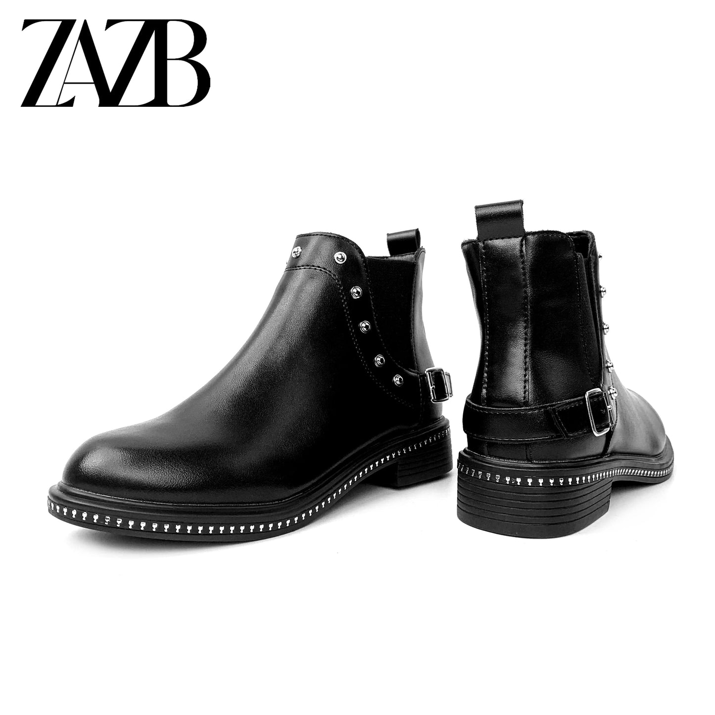 New women's shoes black rivet groove shoes flat bottomed boots Vintage thick heel Martin boots Chelsea boots